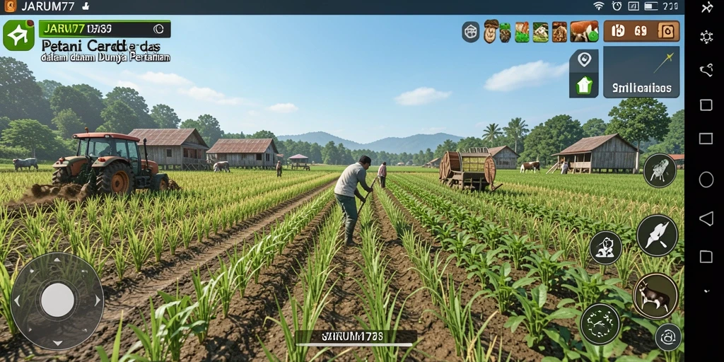 Tampilan gameplay JARUM77 dengan aktivitas bertani yang seru.