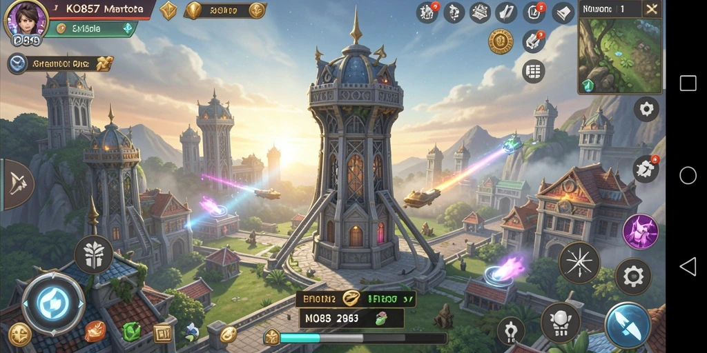 Screenshot gameplay KO857 menampilkan aksi menara dalam pertempuran.
